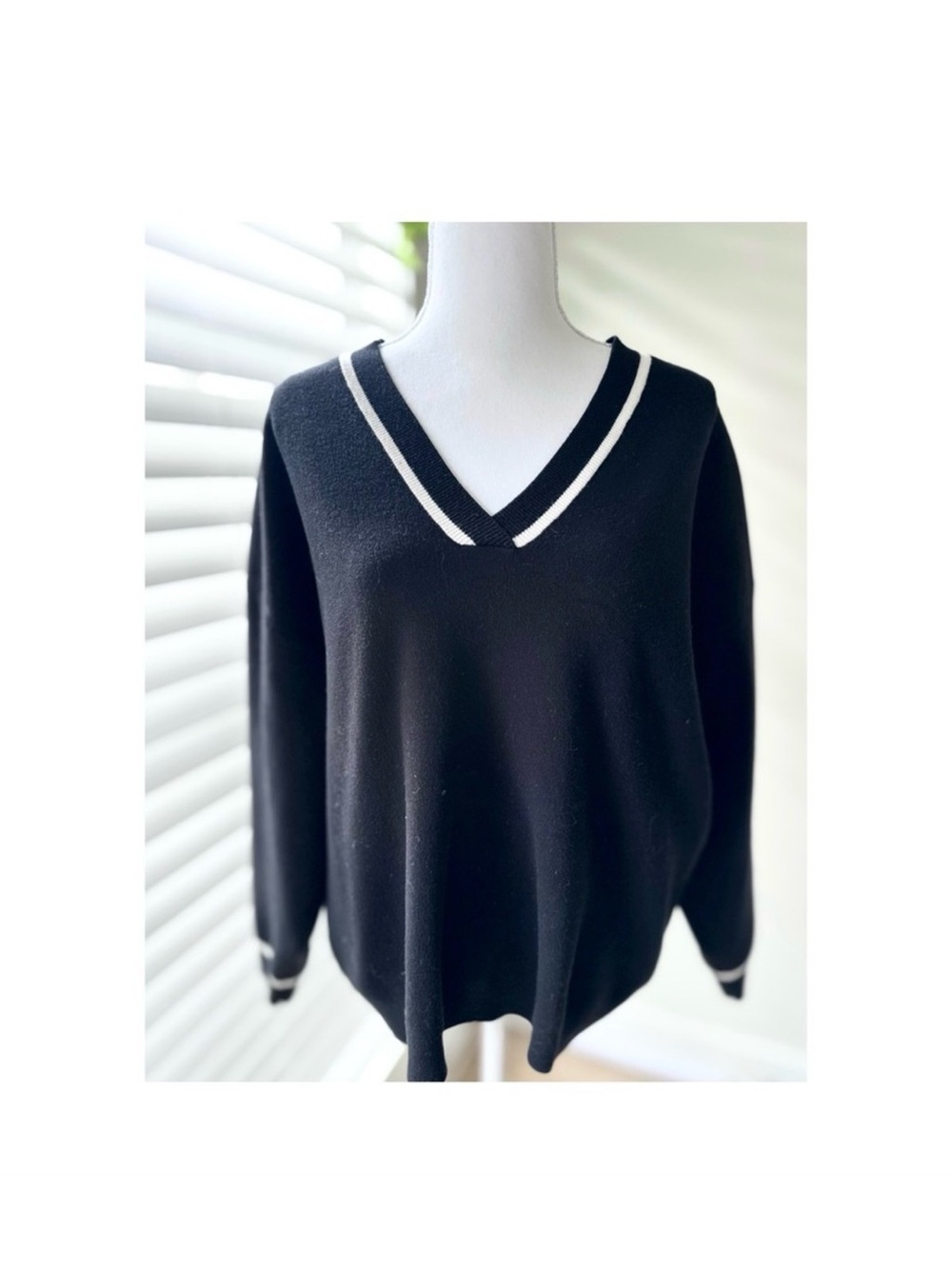 Mango Black V-Neck Sweater with White Trim